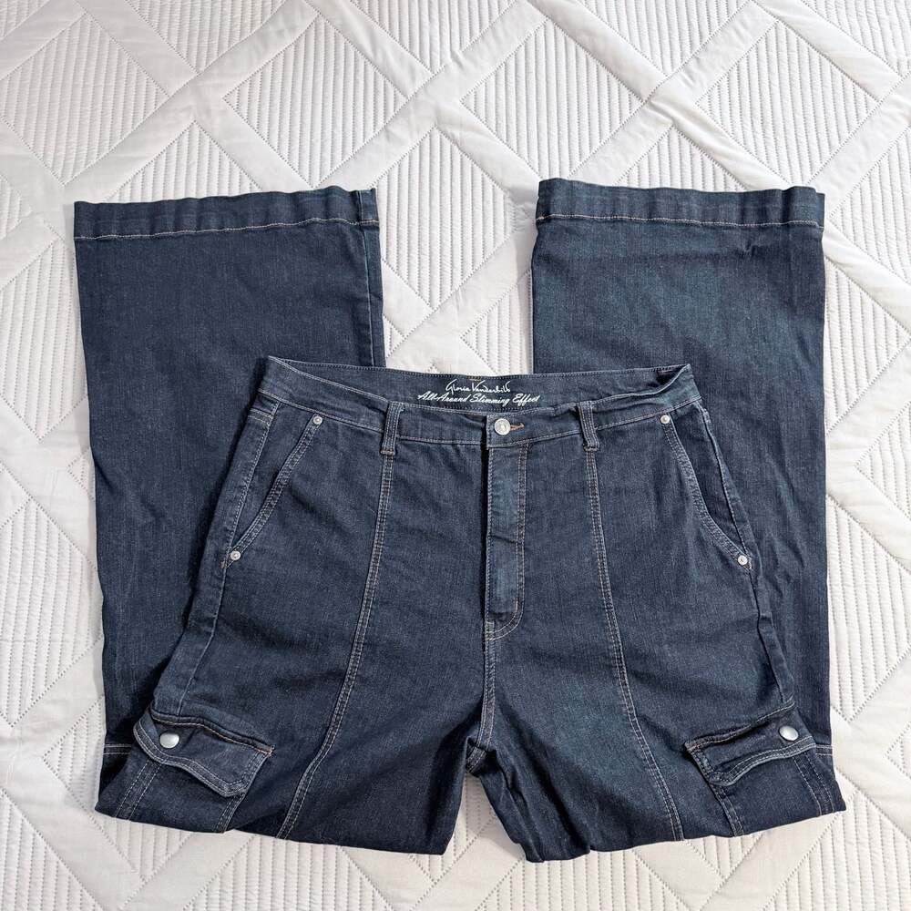 Gloria Vanderbilt Women's High Rise Wide Leg Cargo Jeans Dark Wash Size 14
